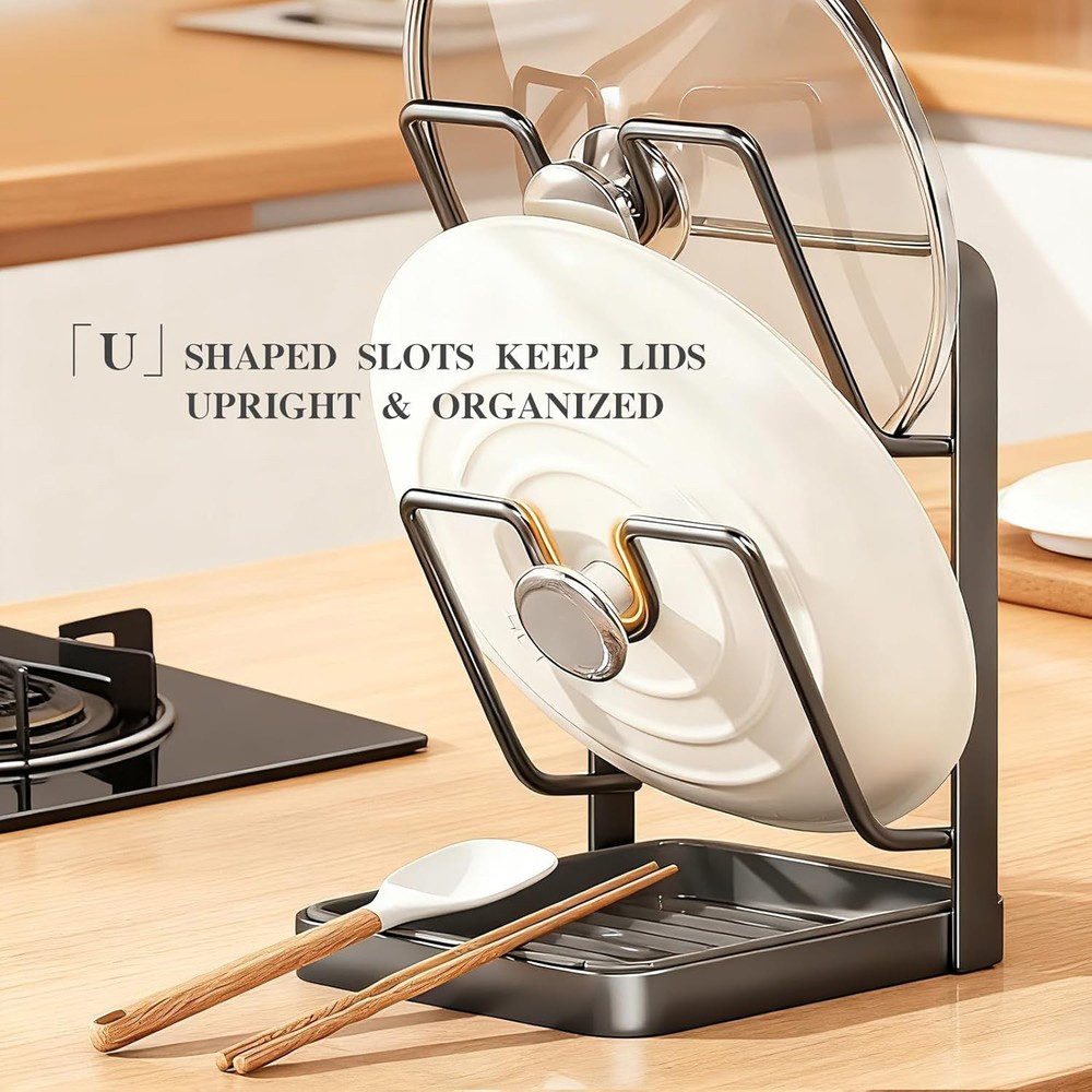 Kitchen Pot Lid Storage Rack Pot Lid Holder While Cooking + Removable Drip Tray