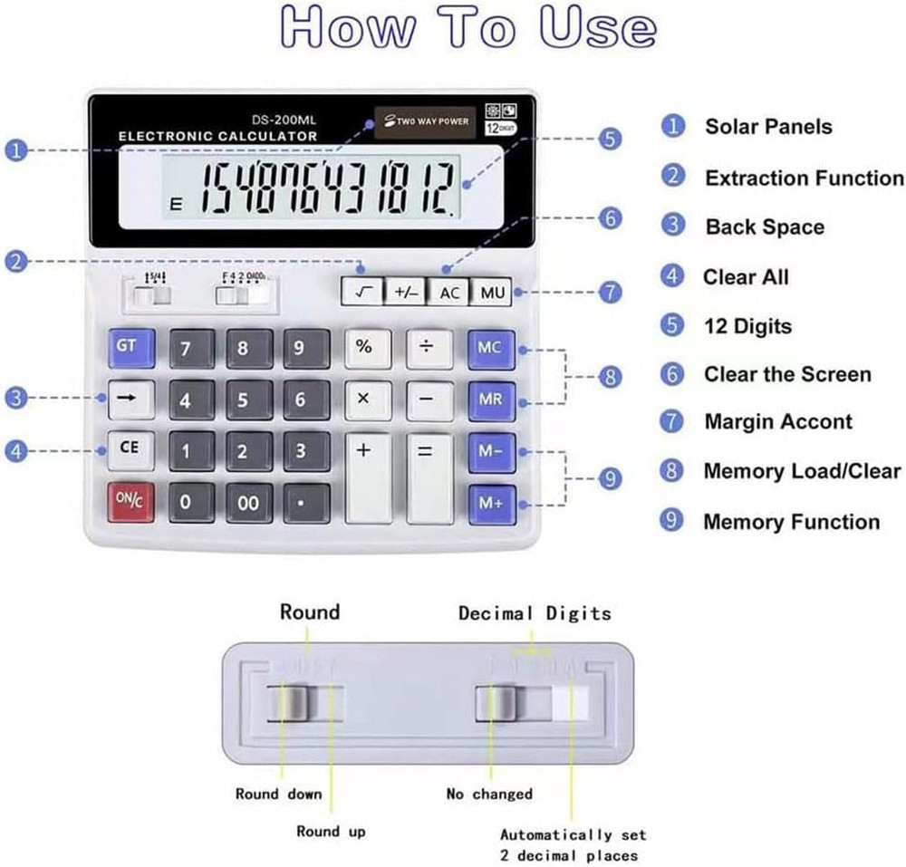 Desk Calculator Large 12 Digit Display, Dual Power Basic Calculator Desktop, Big