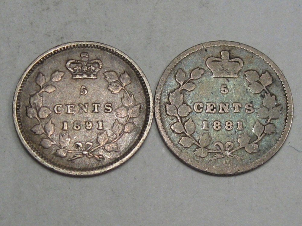 2 Silver 5¢ Cent CANADA - 1891 & 1881-H.  #50