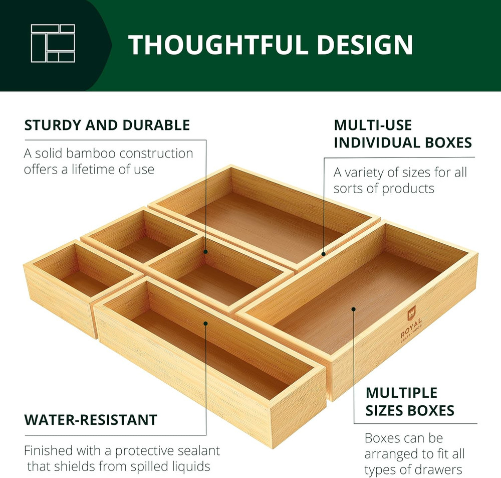 5-Piece Bamboo Drawer Organizer Set – Multi-Use Storage Trays for Kitchen, Ba...
