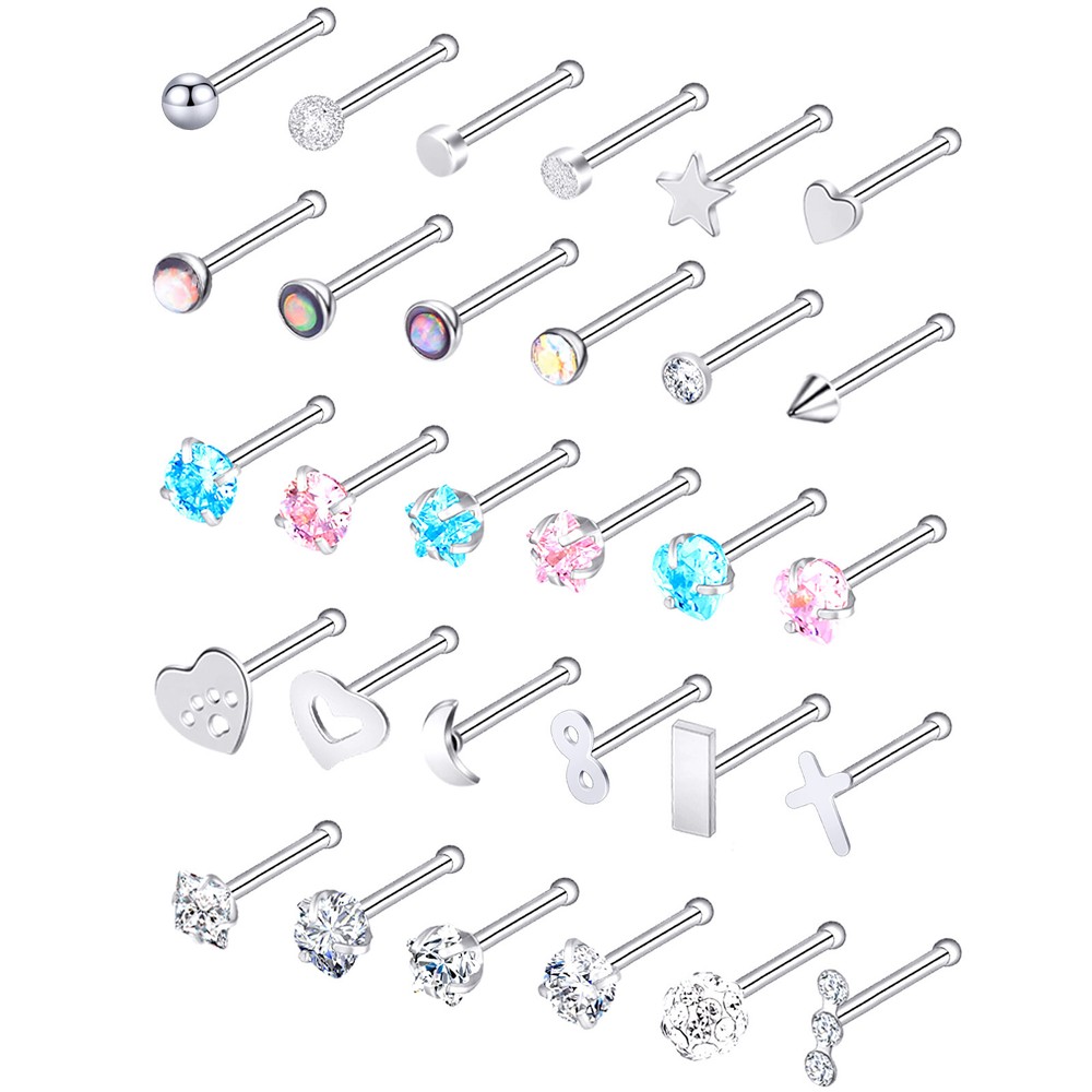 30PCS Nose Stud Ring Surgical Steel Straight Opal CZ Gem Tiny Bone Studs 20G US