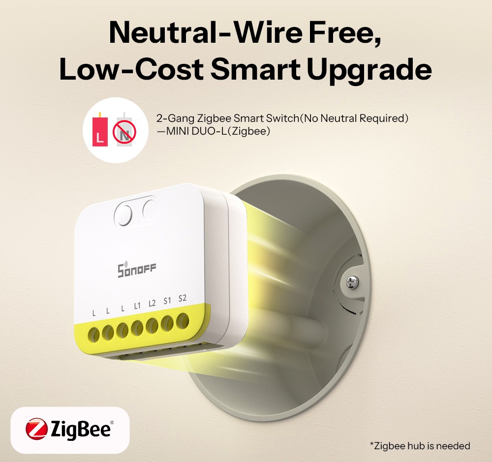 SONOFF Zigbee Smart Light Switch, MINI Dual-Channel Control, No Neutral Required