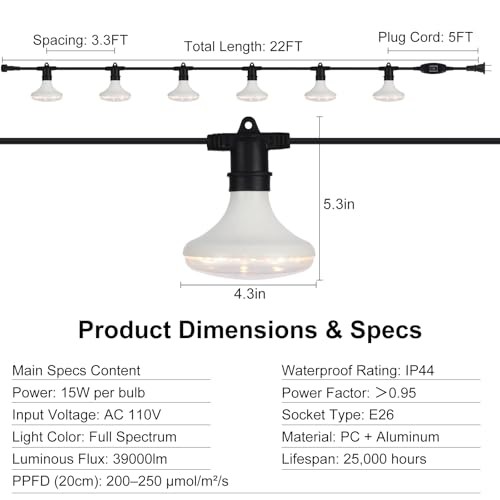 Outdoor Grow Lights Waterproof, Full Spectrum String 6 Lights with Smart Plug