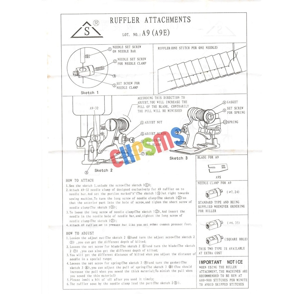 RUFFLER ATTACHMENT G9E FOR SINGLE NEEDLE SEWING MACHINE #G9E 1SET