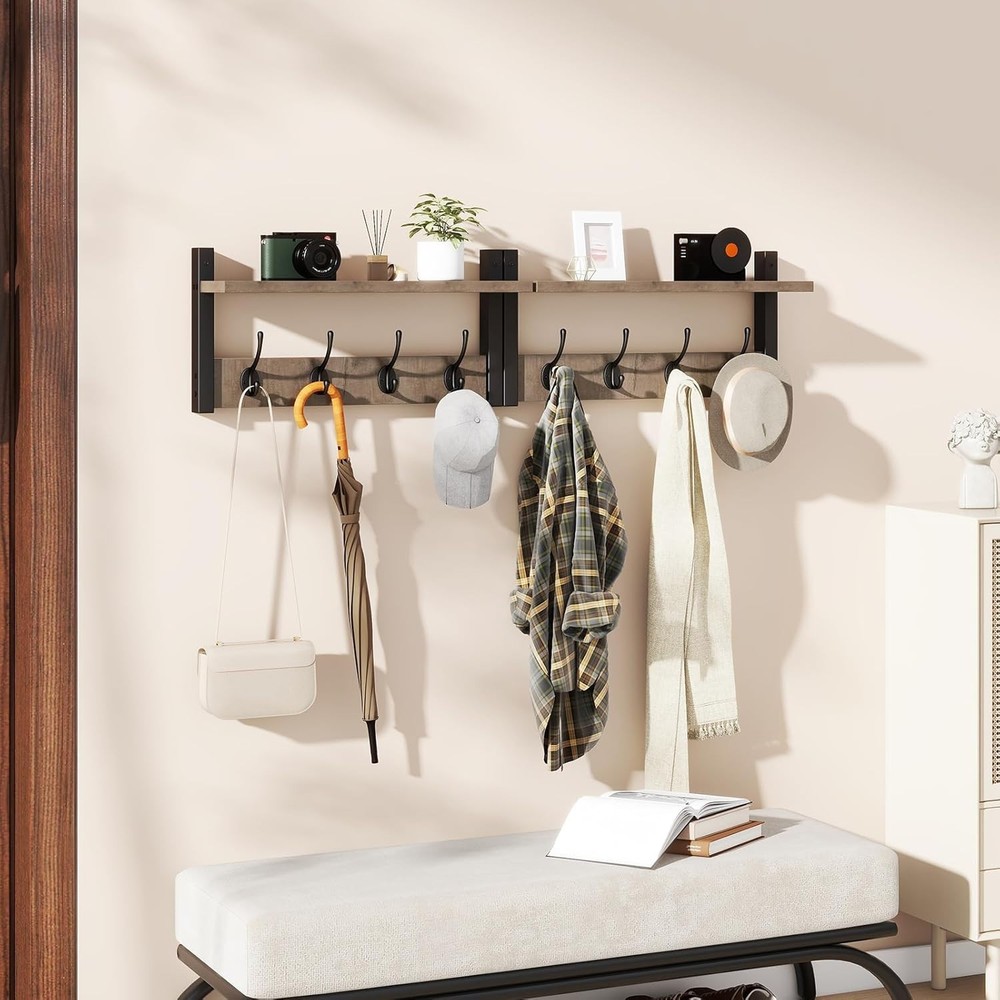 Versatile Wall Coat Hooks with Floating Shelf - 8 Hooks, 2 Pack in Silver Gray