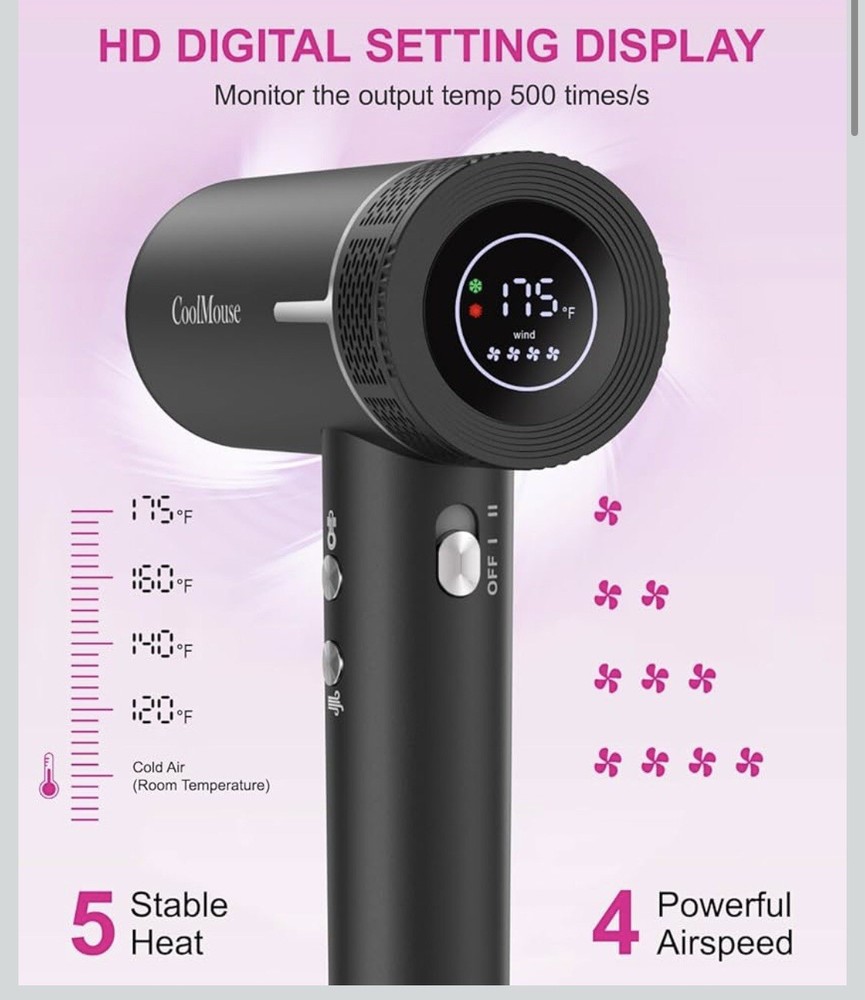 CoolMouse High-Speed Ionic Hair Dryer Fast Drying Low Noise