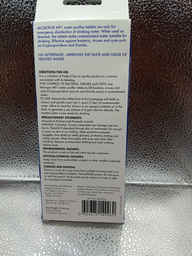 Katadyn Micropur MP1 Purification Tablets (20 Count)