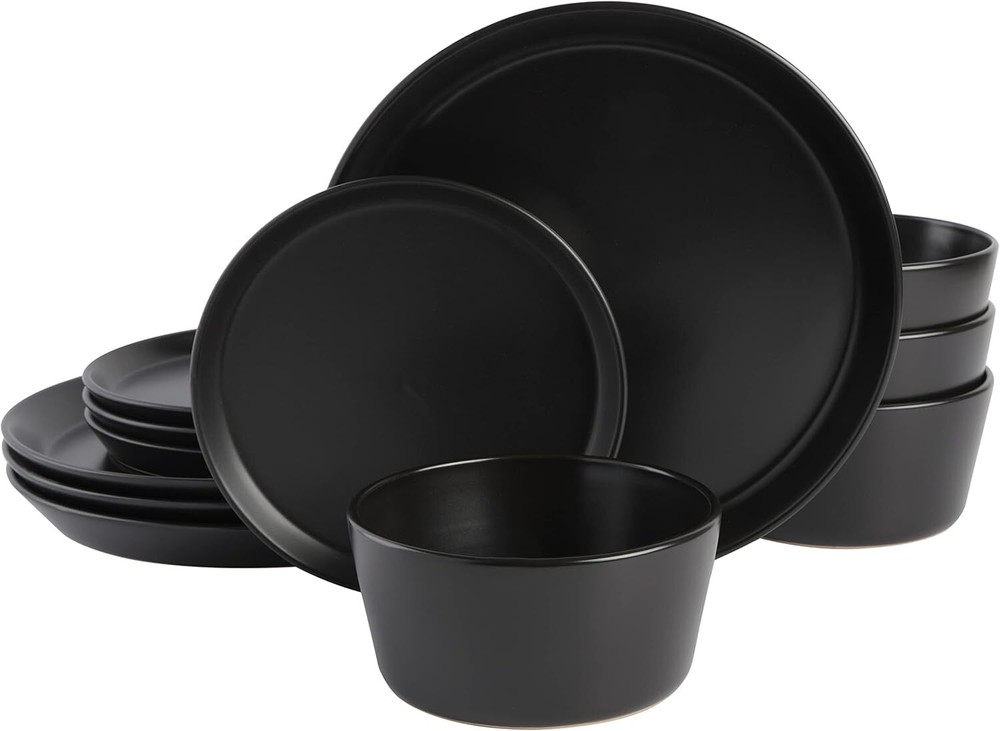 Unge Sofia Coupe Stoneware Dinnerware Set Service For 4 12pcs Black