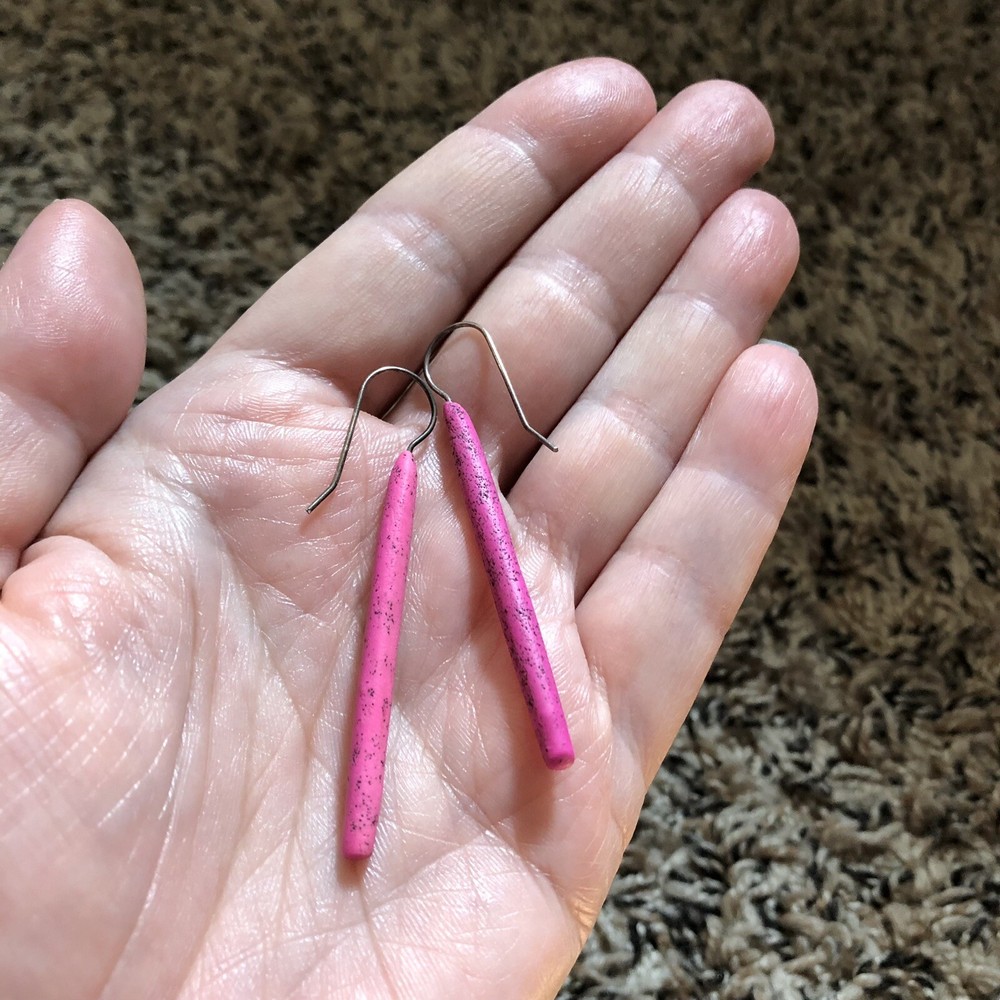 Unique dangle earrings speckled fuchsia polymer clay?