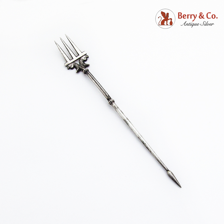 Intricate Dolphin Figural Olive Fork Spear End Italian 800 Standard Silver 1900