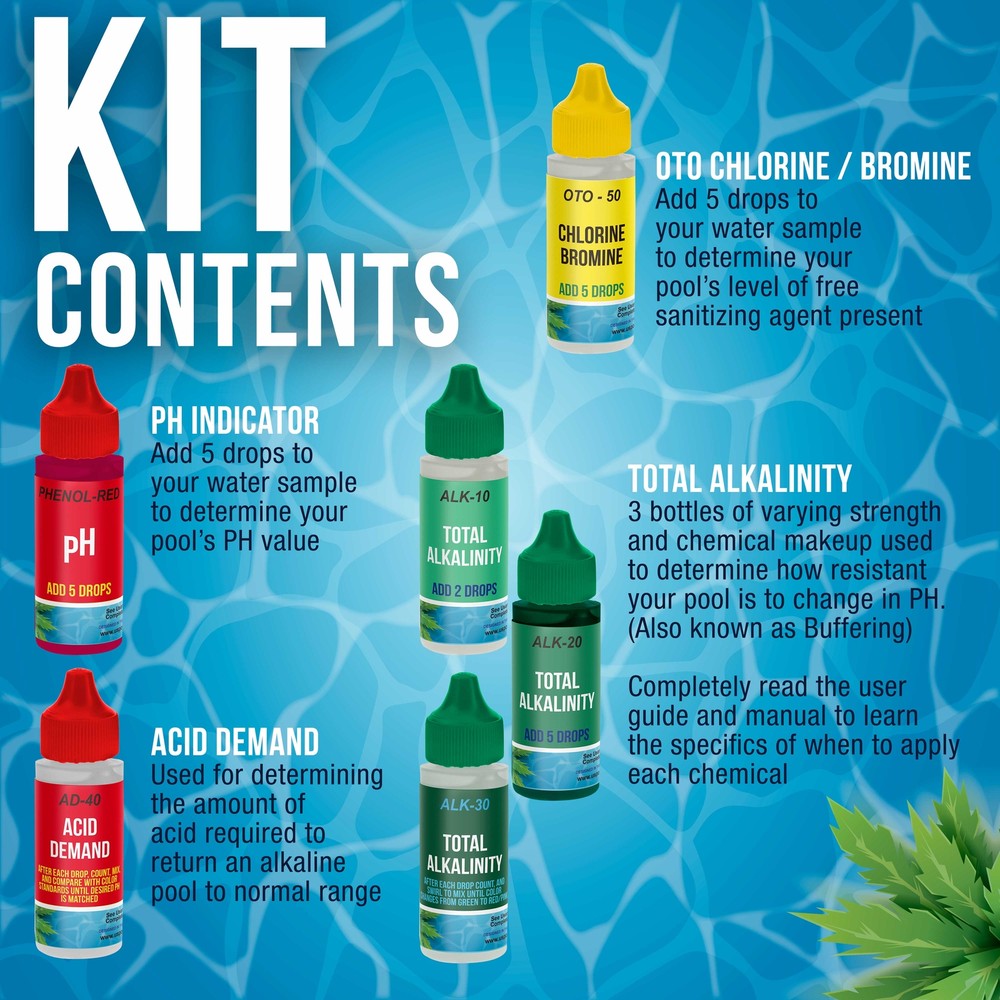 6 Bottle Refill Solution Pack for Premium 5-Way Swimming Pool & Spa Test Kit