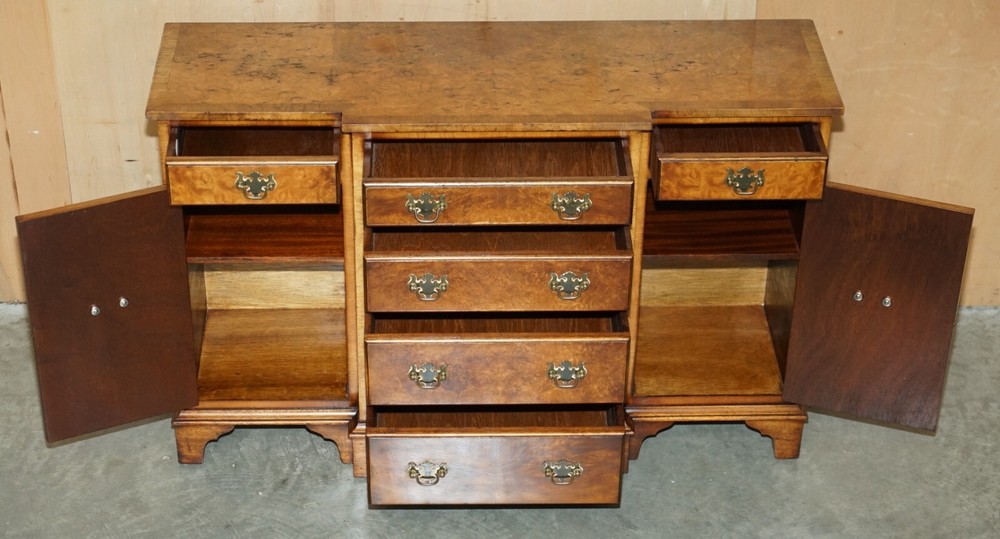 VINTAGE BURR & BURL WALNUT LIBRARY BOOKCASE BREAKFRONT SIDEBOARD WITH DRAWERS