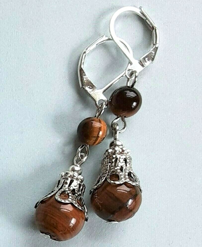 double TIGERS EYE dangle earring SP LEVERBACK artisan