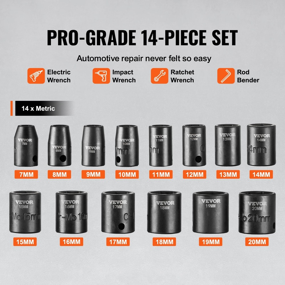 3/8" Drive Impact Socket Set 14 Piece Shallow Socket Set Metric 7-20mm 6 P