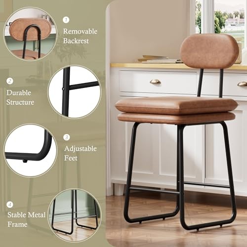 Bar Stools Counter Height Barstools with Removable Backrest, Set of 2 Brown