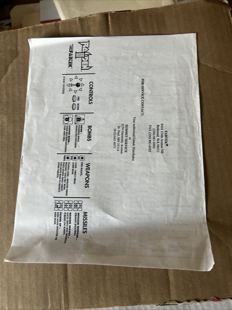 Raiden 2 Fabtek Arcade Game Manual