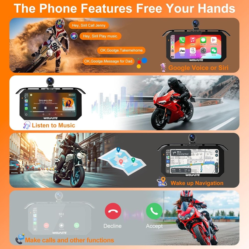Waterproof Motorcycle GPS Carplay - 6.25 Inch Wireless Touchscreen Android Auto