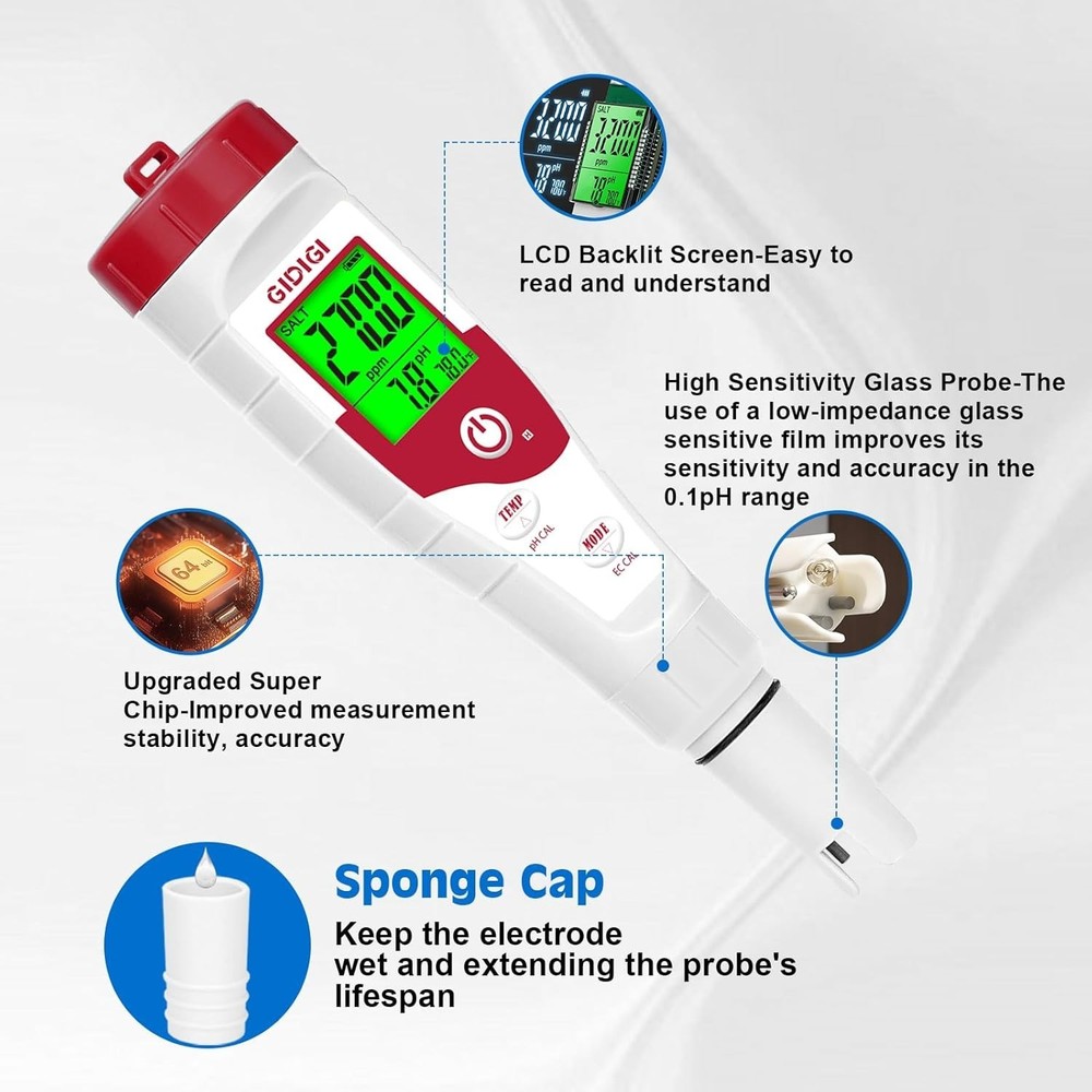 Pool Salt Tester pH Meter New Update Digital pH Tester Salinity Meter with Multi