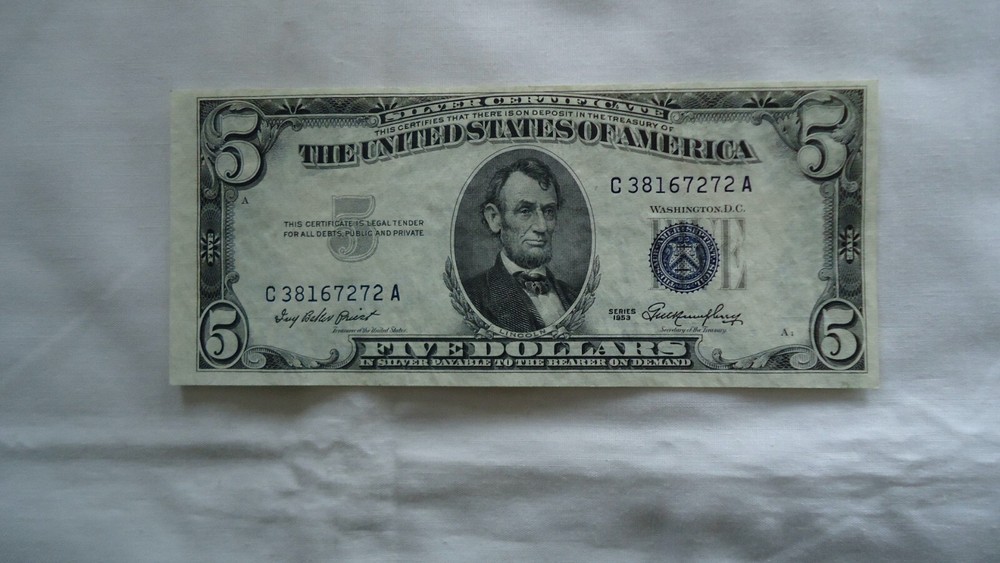 1953 $5 Five Dollar US Silver Certificate Blue Seal Note