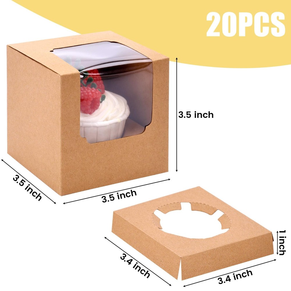 Individual Cupcake Boxes 20 PCS 3.5" Pre-Assembled with Window Inserts