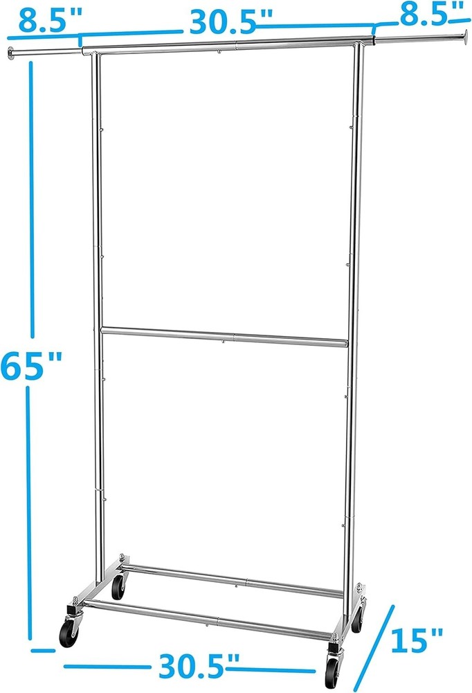 Stylish Chrome Rolling Clothing Organizer - Double Rod with Adjustable Height