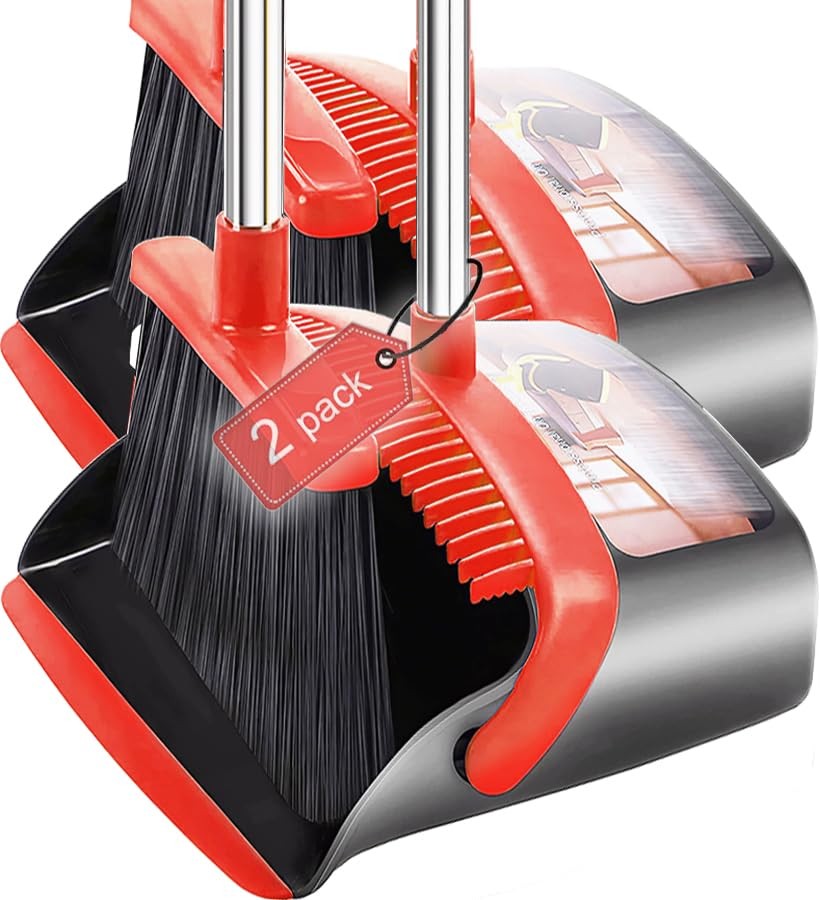 Brooms with Dustpan Combo Set， with 52" Long Handle, Dustpan Teeth with self-...