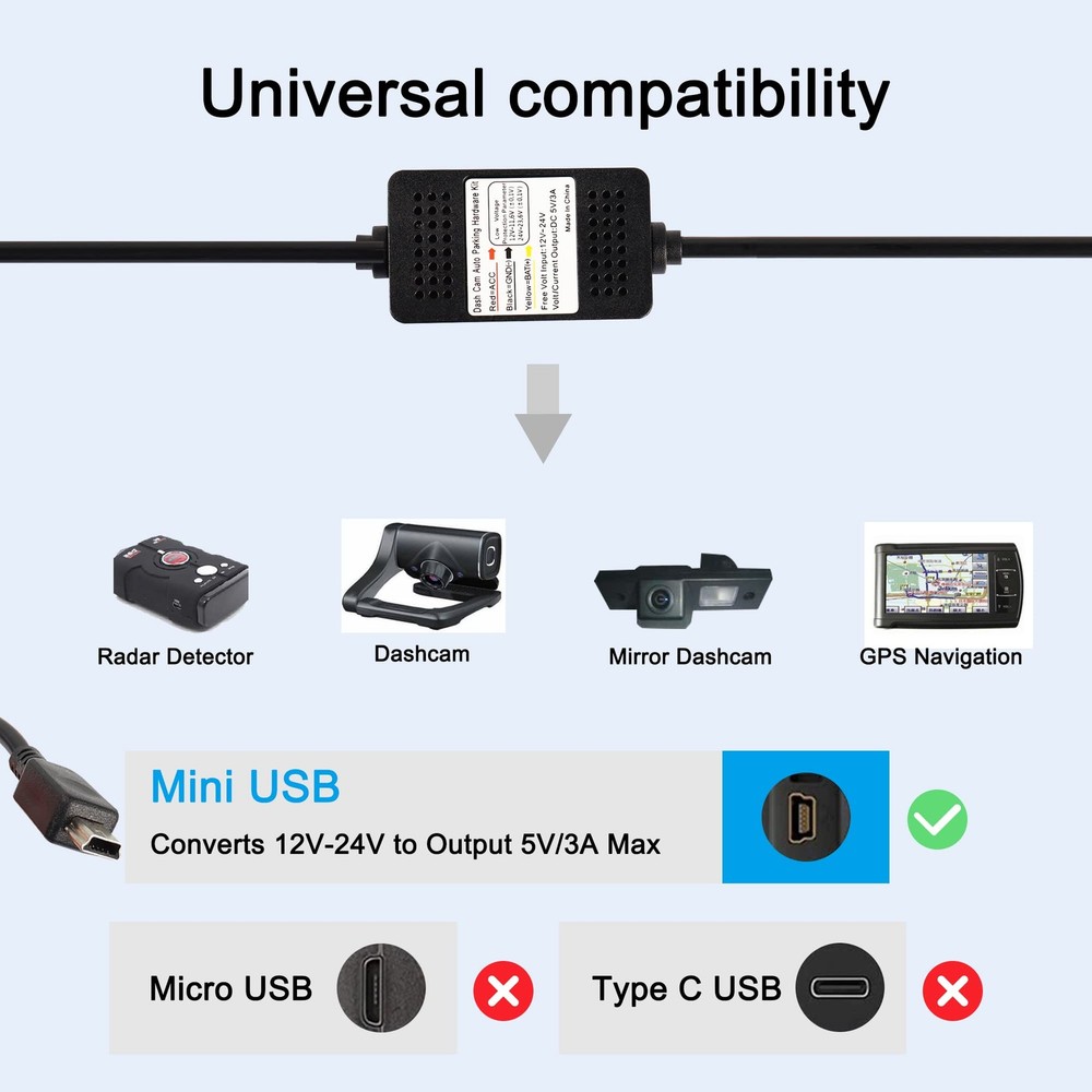 MEIRIYFA Dash Cam Acc Hardwire Kit Mini USB Dashcam usb