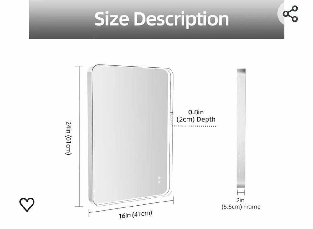 New 16" x 24" LED Bathroom Mirror with Lights, Rounded Rectangle Silver Frame...