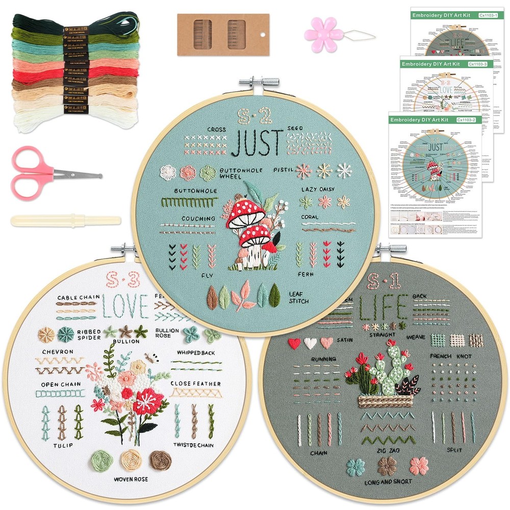KintKita 3 Sets Embroidery Kit for Beginners to Learn 36 Basic Beginner
