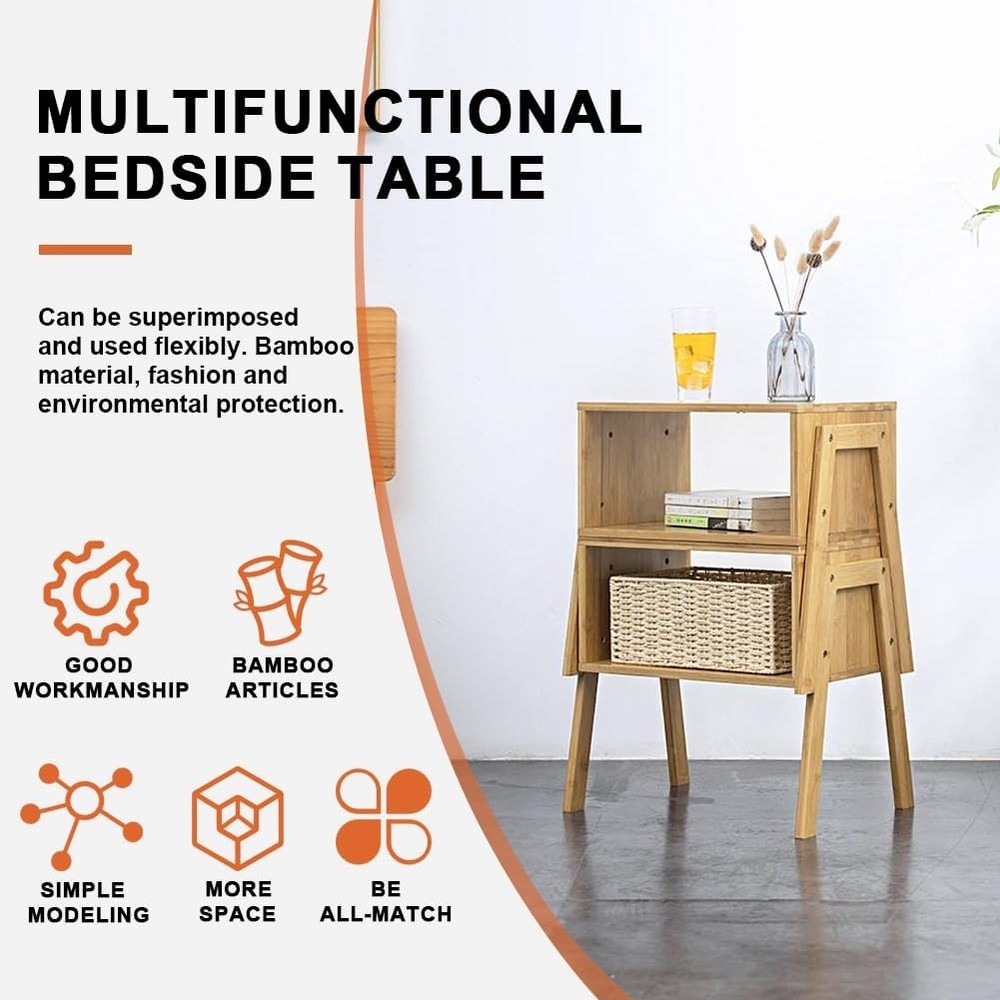 Modern Bamboo Nightstands End Tables Bedroom W/ Storage Small Bedside Table