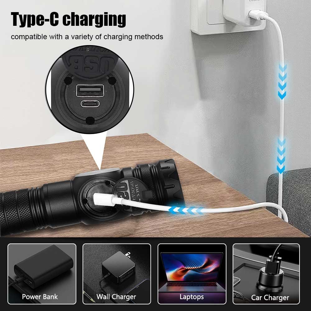 Laser White LED Flashlight Torch COB Yellow Red Camping Light Zoom USB Charging