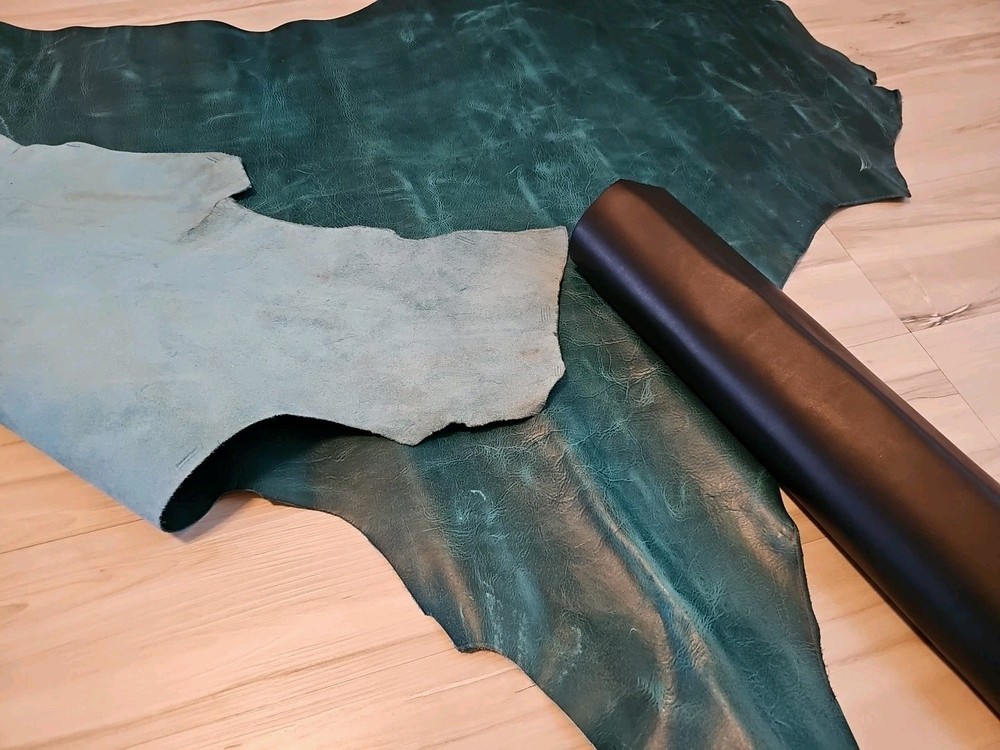 3-4oz VINTAGE PULL-UP DARK TURQUOISE TEAL DISTRESSED LEATHER HIDE SHEET,PANEL