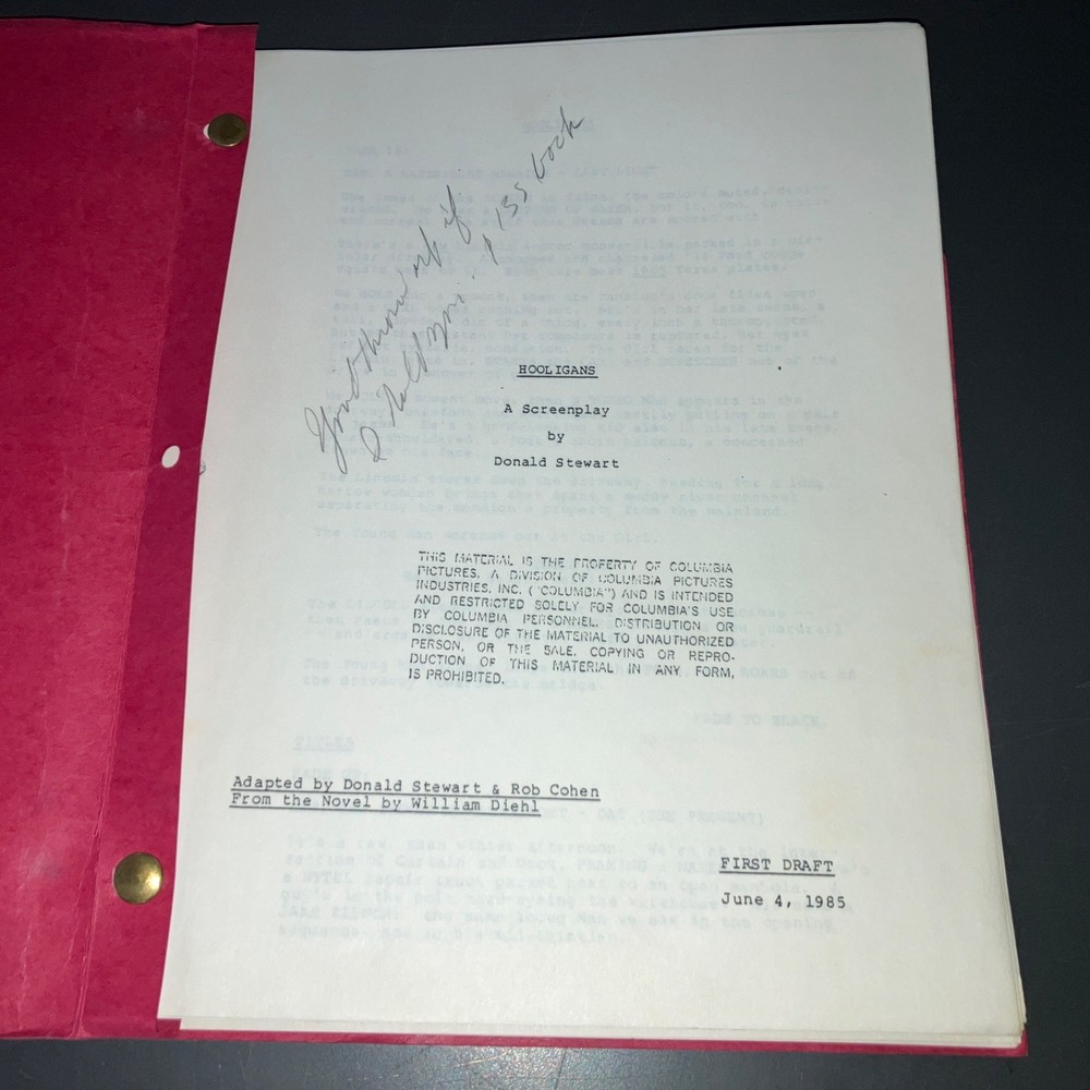 HOOLIGANS ('85) Dean Reisner 9pg Coverage + Donald Stewart Unmade Thriller + COA