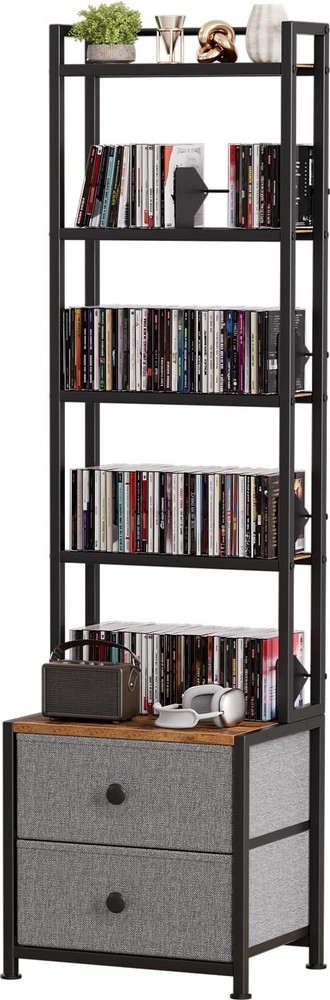 CD Storage Rack with Drawer, 5-Tier DVD Organizer Shelf w/Adjustable Book Sto...