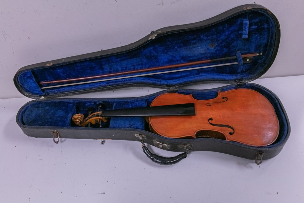 Antique - German 4/4 Stradivarius Violin - Needs Strings w/ Case & Bow