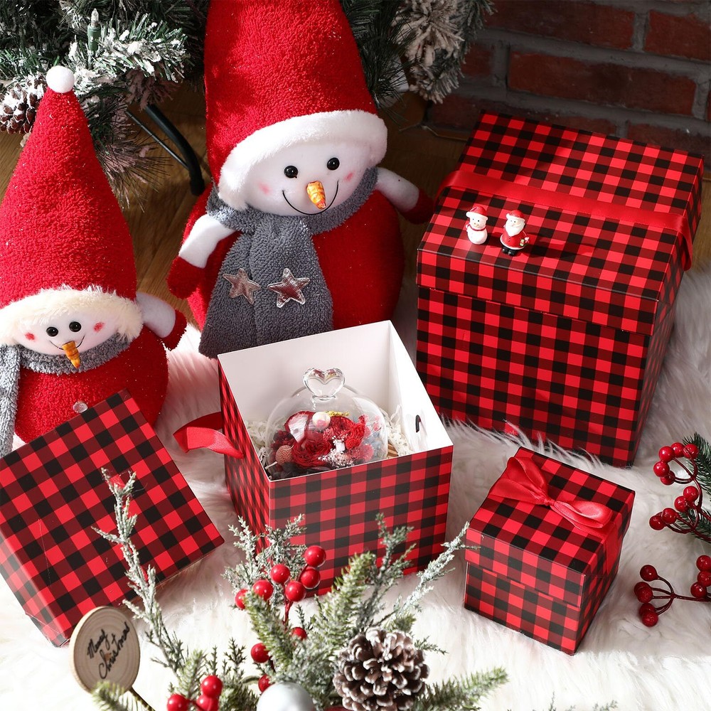 3 Pcs Christmas Nesting Gift Boxes Buffalo Plaid Xmas Stackable Boxes Black R...