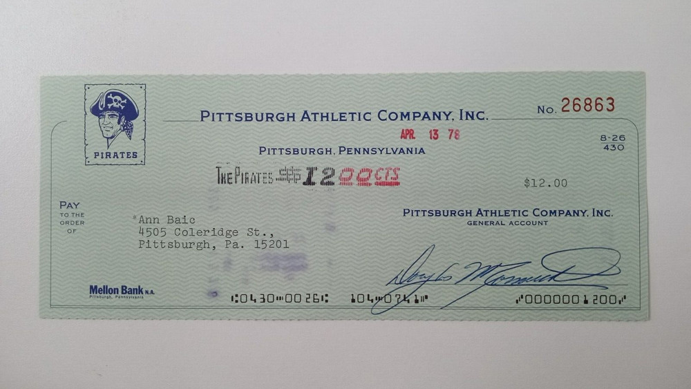 Ann Baic: 1978 Pittsburgh Pirates Expense Check