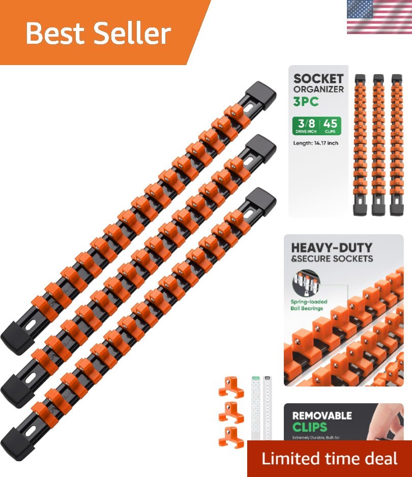 Heavy Duty 3PC ABS Socket Organizer - Holds 45 Sockets with Customizable Rails