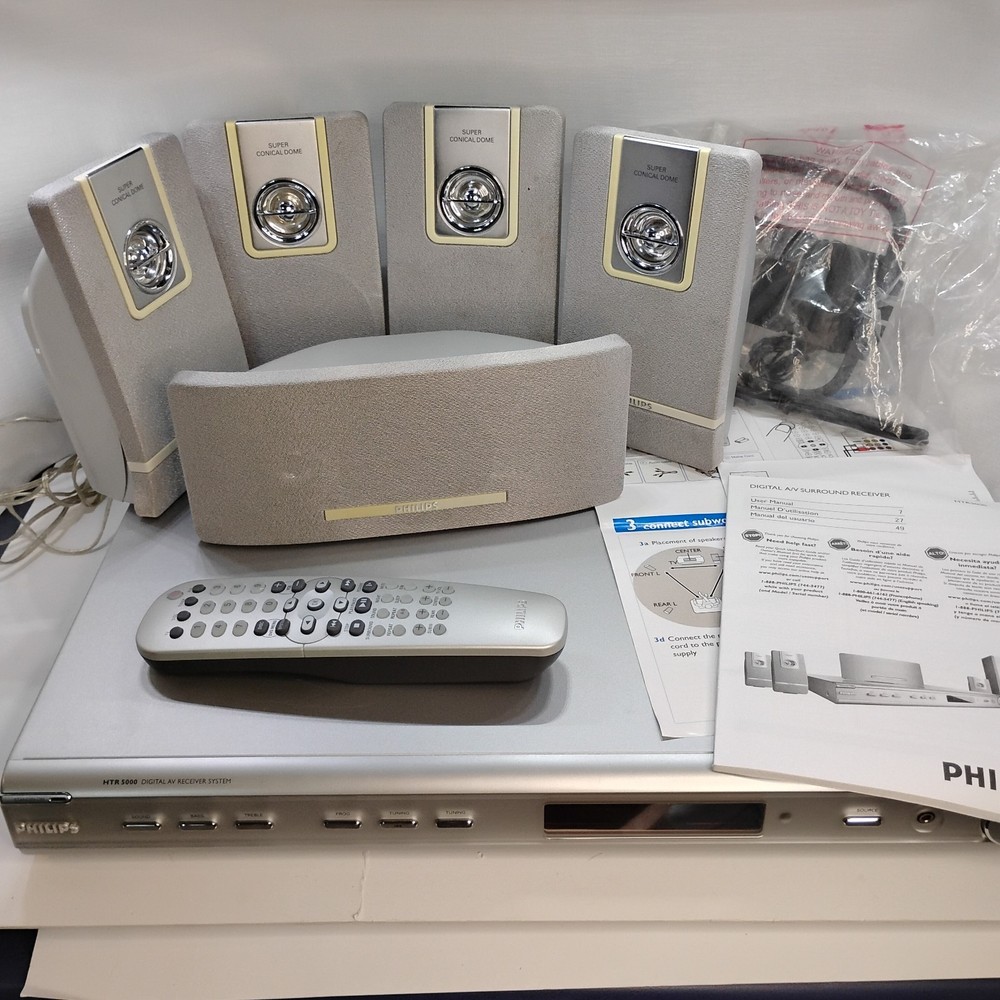 Philips HTR5000 Home Theater System Receiver W/Speakers,Remote & Guide/ Tested