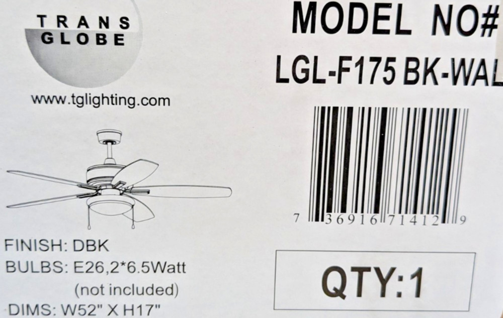 TRANS GLOBE 52" 5-BLADE CEILING FAN LIGHT KIT PULL CHAINS E26 BLACK & WALNUT