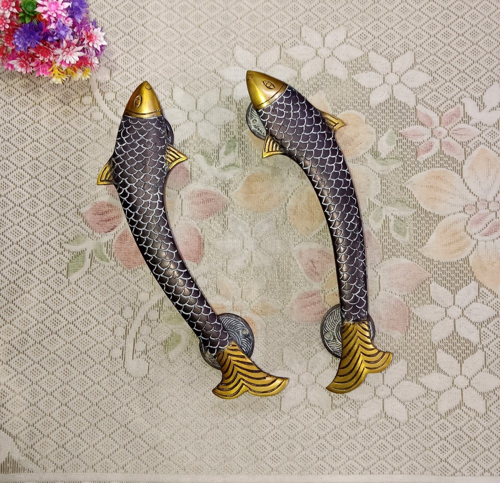 11" Inches Fish Door Handle Pair Brass Nautical Creature Door Pull Decor CA116