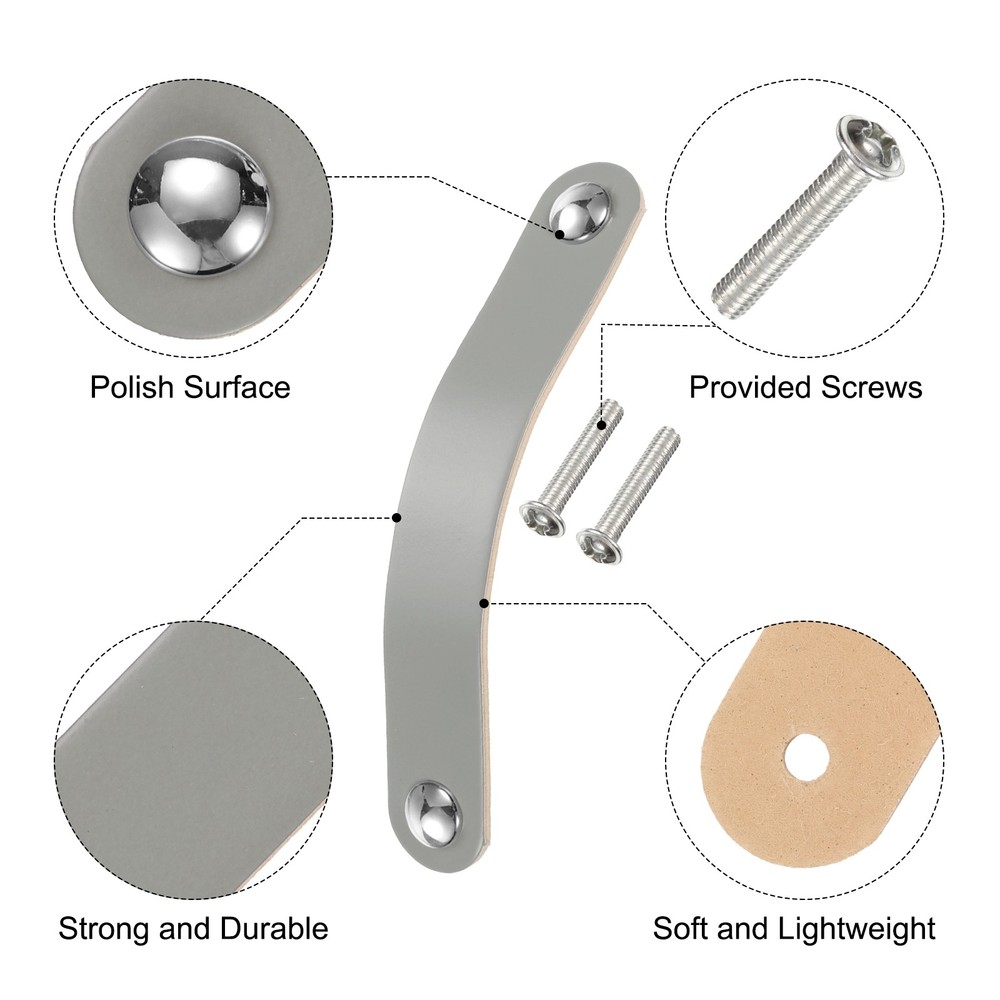 4 Packs Leather Drawer Pulls Double Hole Knobs, Grey/Silver(Hole Spacing:128mm)