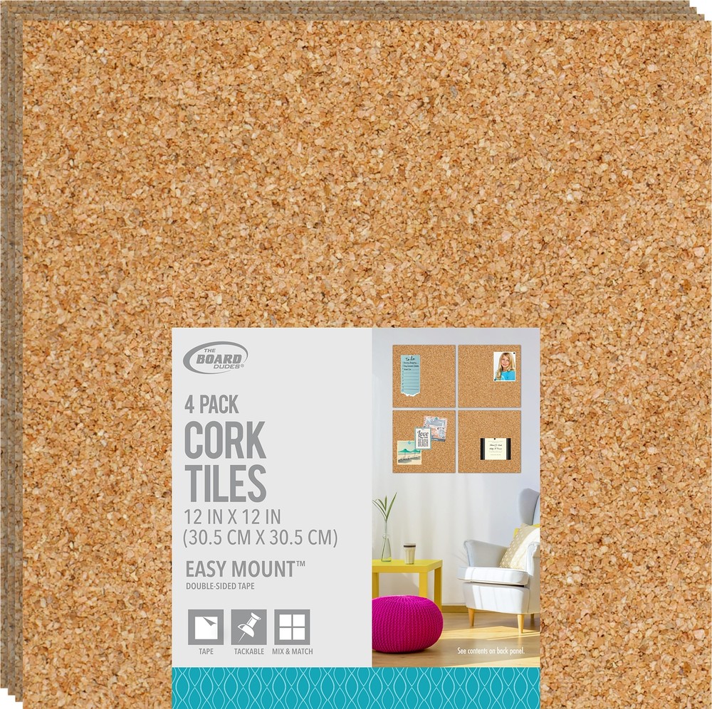 Board Dudes Cork Tile 12"X12" 4/Pkg-Light