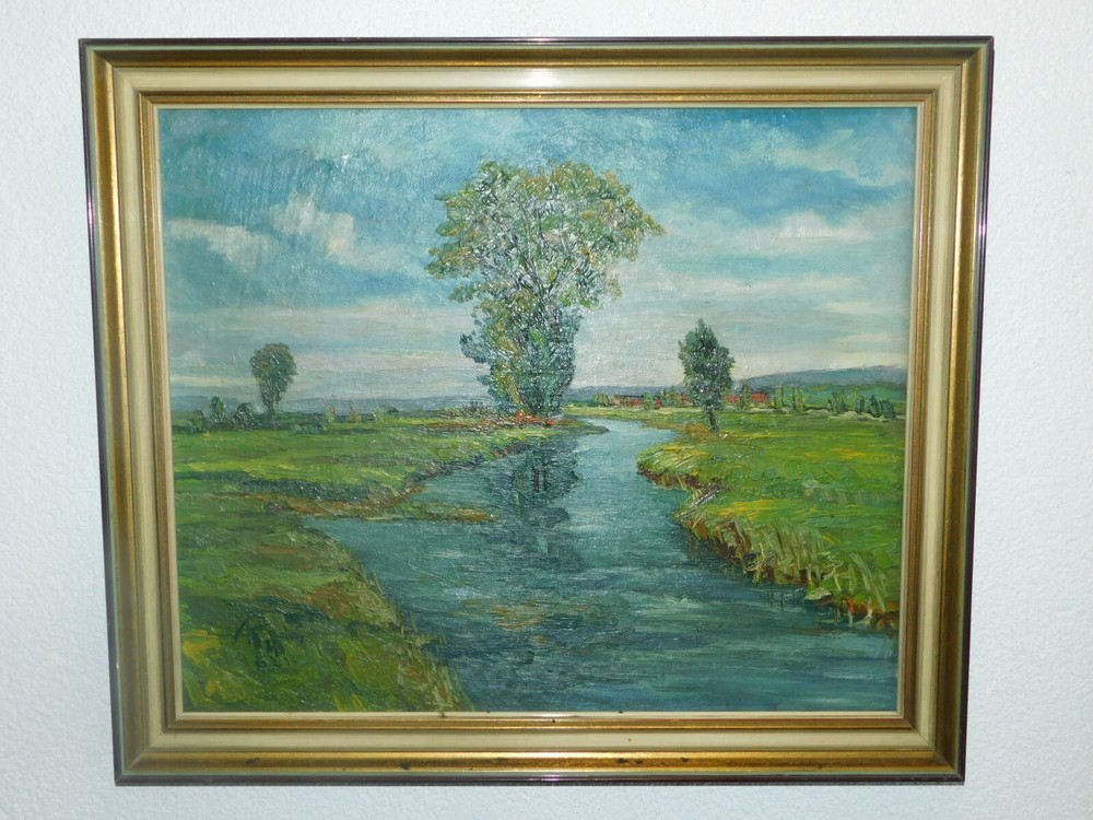 Impressionistische Landschaft mit Bach monogrammiert!