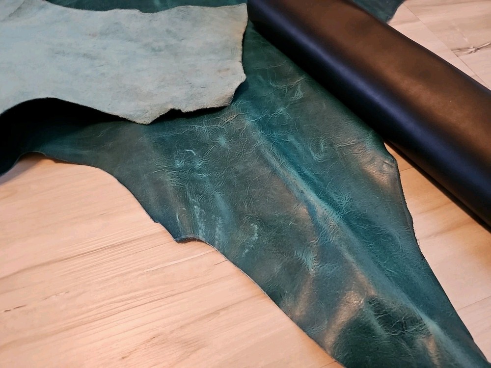 3-4oz VINTAGE PULL-UP DARK TURQUOISE TEAL DISTRESSED LEATHER HIDE SHEET,PANEL