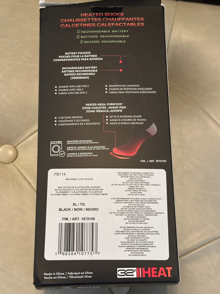 32 Degrees Heated Socks - Rechargeable Battery - Black - XL