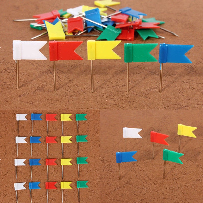 100 Pack Flag Marker Shape Map Pins Cork Notice Board Push Assorted Office&Home