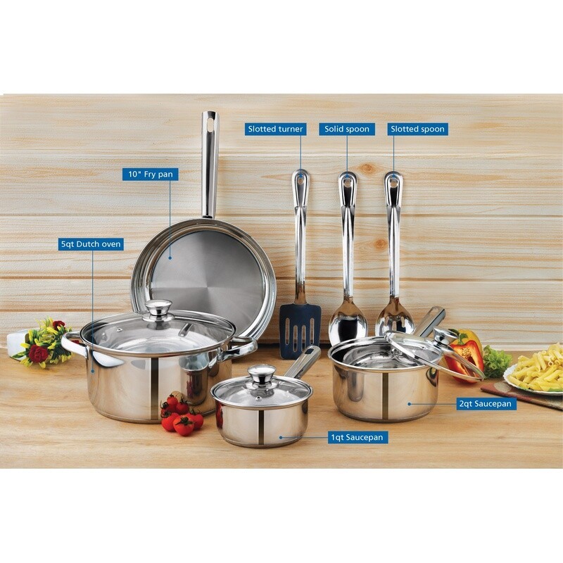 Stainless Steel 10Pc Cookware Set Induction Safe Essential Kitchen Cookware Set