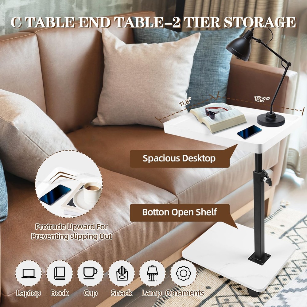C Table Side Table End Table Adjustable Height，C Shaped End for Couch，Snack T...