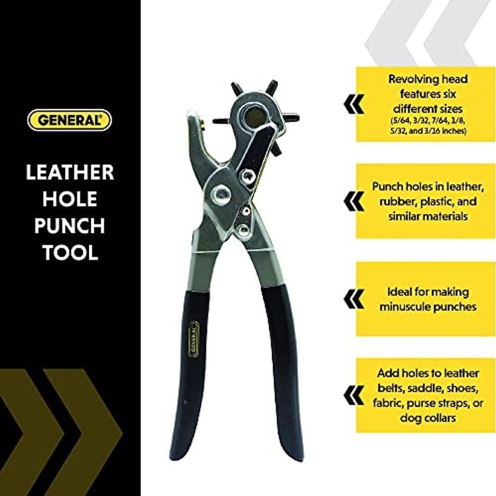 General Tools Leather Hole Punch Tool - 6 Multi-Hole Sizes for Leather, Rubber,